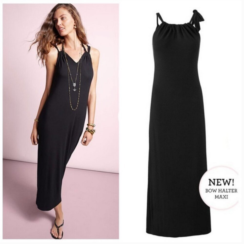 CABI 5383 Bow Halter Maxi Dress Black S Stretch Jersey Long Dress Slinky Women